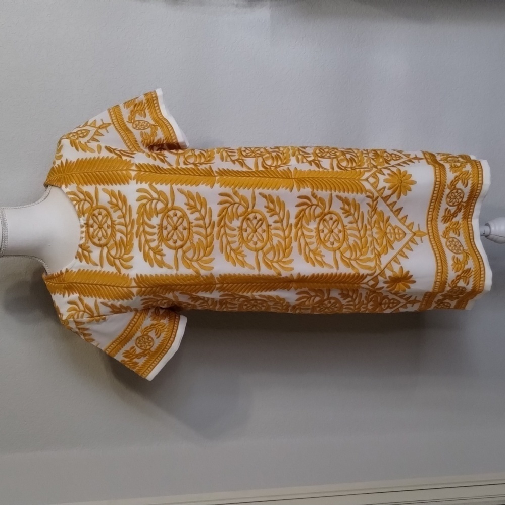 All:row Yellow White Embroidered Leaf Pattern Dress Size Small